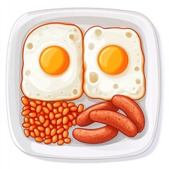 Canvas Print - A plate of breakfast featuring fried eggs, baked beans, and sausages.