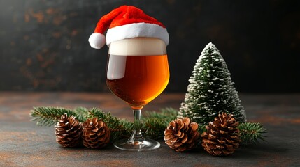 Christmas Beer in Santa Hat with Pine Cones and Fir Tree