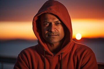 Sticker - Portrait of a merry indian man in his 40s sporting a comfortable hoodie in front of vibrant sunset horizon