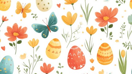 Wall Mural - Spring Easter Floral Pattern with Eggs and Butterflies