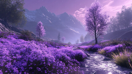 Wall Mural - A tranquil scene features a vibrant purple meadow with a winding stream and blooming trees, set against majestic mountain peaks at twilight