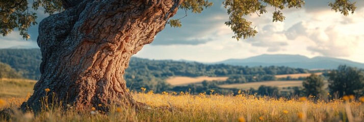 Gnarled tree in a meadow, textured trunk highlighted, soft distant landscape creates a serene, timeless atmosphere