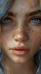 Poster - Close Up Portrait of a Woman with Blue Eyes and Freckles