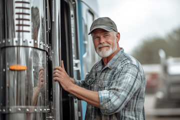 Middle-aged caucasian male truck driver with gray beard standing by the door of his truck, dressed for work. Road and transport worker looking at camera.