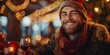 © aicandy - A festive holiday scene featuring a cheerful man in warm winter clothing, smiling and holding a glass of red wine amid twinkling Christmas lights in a cozy setting