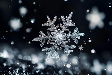 Wall Mural - Delicate snowflake crystal glistening against a dark winter background