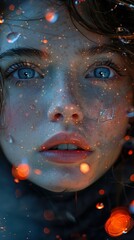 Poster - Close-up Portrait of a Woman with Glowing Eyes and Rain Drops