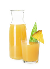 Wall Mural - Glass with tasty pineapple juice, jug and piece of fresh fruit isolated on white