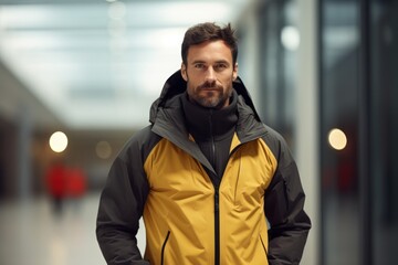 Poster - Portrait of a satisfied man in his 30s wearing a windproof softshell in front of modern minimalist interior