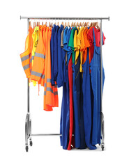 Sticker - Different workers' uniforms on clothing rack isolated on white