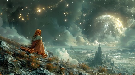 Wall Mural - Fantasy Landscape with Woman and Moon