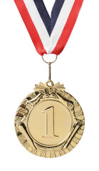 golden medal with striped ribbon isolated on white
