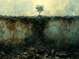 Wall Mural - A lone tree stands on a cracked earth, a surreal landscape