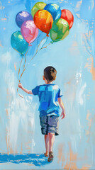 A boy holding colorful balloons in his hand