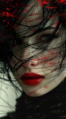 Poster - Intense Portrait of a Woman with Red Lips and Black Hair