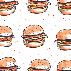 A seamless pattern with black ink doodles of burgers and other fast food, outlined in orange on a white background. 
