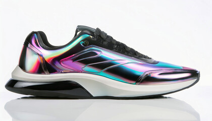 A sleek, iridescent sneaker showcasing modern design and style.