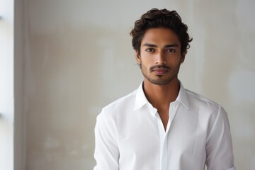 Wall Mural - Portrait of a merry indian man in his 20s wearing a classic white shirt in modern minimalist interior