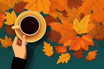 Wall Mural - Coffee maple mug leaves.