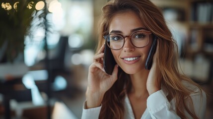 Successful business woman having a phone call conversation in an office, Generative AI