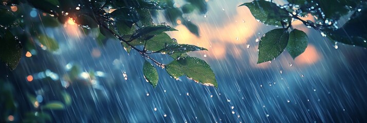 Wall Mural - Rainy Serenity, droplets glistening on vibrant leaves, soft clouds drifting above, evoking tranquility and the beauty of nature's embrace