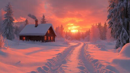 Wall Mural - Cozy Cabin in a Winter Wonderland at Sunset