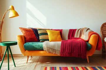 Bright and cheerful living space featuring a yellow couch, multicolored pillows, and a striped rug, bathed in natural light. Ideal for modern, playful, and cozy interior styling.