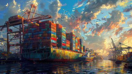 A large container ship is docked at the port, filled with colorful containers