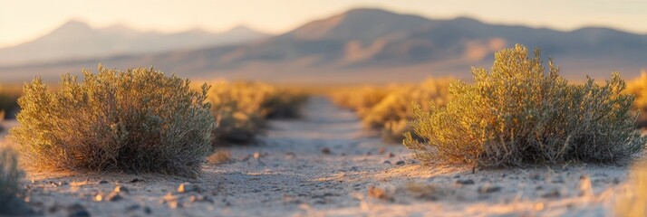 Desert Shrubs with Mountain Backdrop, vibrant desert flora in sharp detail, expansive blurred mountains create a serene landscape atmosphere