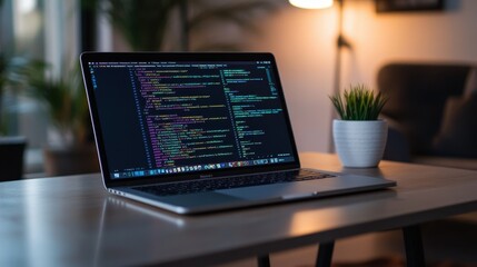 Coding Workspace with Laptop and Code on Screen