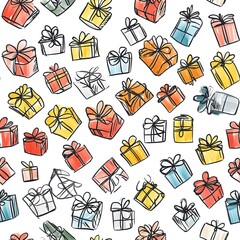 Sticker - Seamless pattern with gifts. Hand-drawn illustration with markers. 