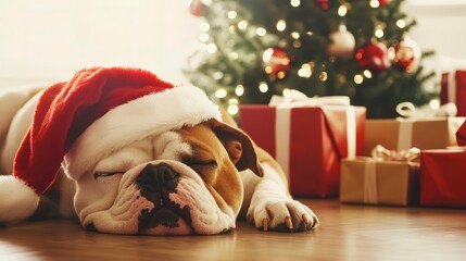 Canvas Print - Merry Christmas xmas home animal pet holiday celebration - Funny bulldog dog with santa claus hat lying on the floor, gift boxes and christmas tree in 