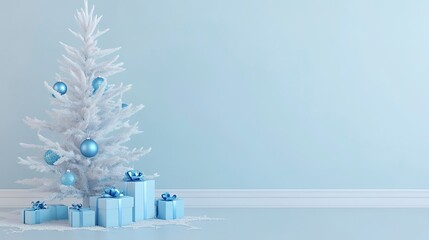 Wall Mural - Merry Christmas holiday celebration greeting card background - Frozen white christmas tree with snow, blue christmas baubles ornaments and gift boxes on floor - 