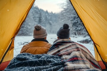 couple sitting in a tent wrapped in blankets enjoying winter camping in snowy forest..
