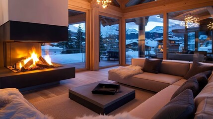 Canvas Print - Cozy modern winter living room interior with a modern fireplace in a chalet. 