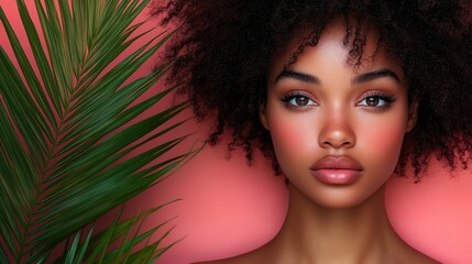 Sticker - Portrait of a Beautiful Young Woman with Afro Hair and Tropical Palm Leaf