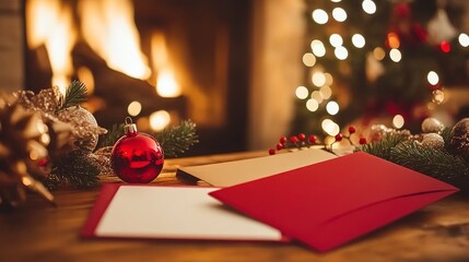 Canvas Print - Christmas cards and envelopes ready to be written, placed on a table near the fireplace, surrounded by festive decorations 