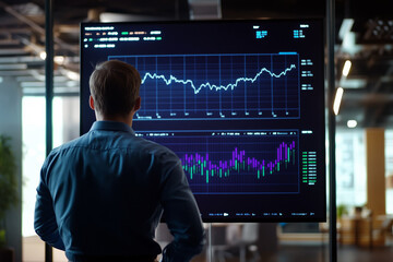 Businessman analyzing stock market graphs on a large screen in a modern office.