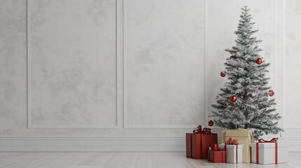 Wall Mural - Beautiful christmas gift boxes on floor near fir tree in room.  