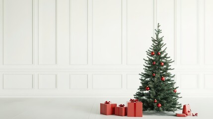 Canvas Print - Beautiful christmas gift boxes on floor near fir tree in room. 