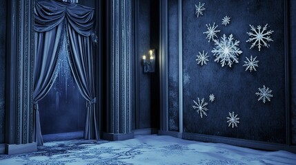 Wall Mural - a room with a curtain and snowflakes on the wall.  