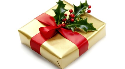 Poster - A Christmas present wrapped in gold paper with a red ribbon and a sprig of holly on top of it  