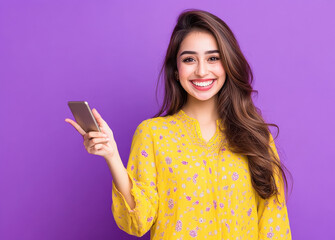 Canvas Print - young indian woman holding smartphone on purple background