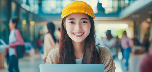 Sticker - young beautiful girl using laptop at college campus