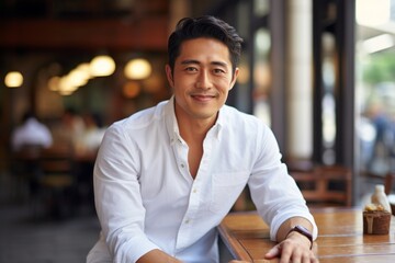 Canvas Print - Portrait of a blissful asian man in his 30s wearing a classic white shirt on bustling city cafe