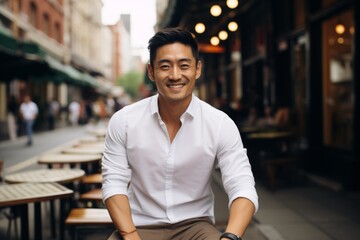 Canvas Print - Portrait of a blissful asian man in his 30s wearing a classic white shirt isolated on bustling city cafe