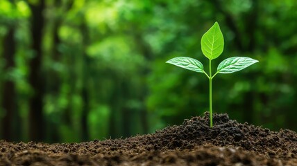 A young green plant sprouts from rich soil, surrounded by a lush forest backdrop, symbolizing growth and renewal.