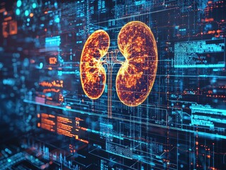 A digital illustration of a human kidney on a blue and orange background.
