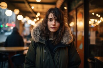 Canvas Print - Portrait of a content woman in her 20s wearing a warm parka while standing against bustling city cafe