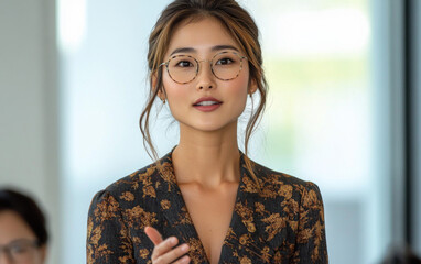 A photo of an Asian woman in her late thirties standing and speaking to three people seated at the front, wearing business casual attire with blue jeans underneath.